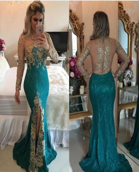 2017 türkiser Hunter Mermaid Langarmabend Abendkleider funkelnde Strasssteine Perlen Spitzen Applikationen Split -Prom -Kleider Illusion Ba2964733