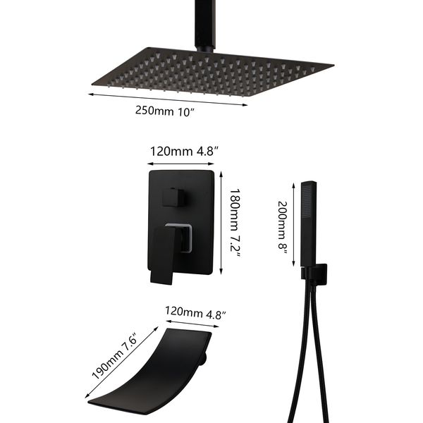 OUBONI opaco matte nero bagno cucchiaino vasca da pioggia vasca a led piazza pioggia con pioggia per doccia a mano cascata set di rubinetti per doccia