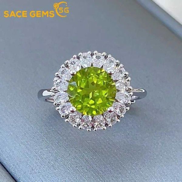 Rings de cluster Sace Gems Luxo 925 Sterling Silver Certificado 8mm Peridoto Natual para Mulheres Cocktail Party Party Fine Jewelry Gift