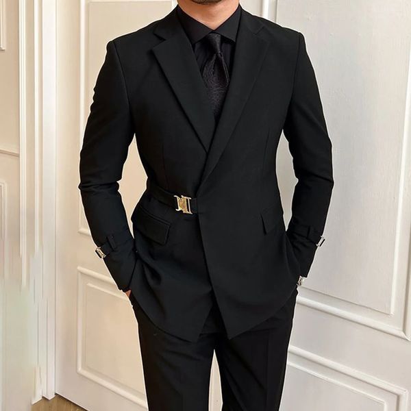 British Style Black Suit de traje masculino Masculino Gentleman Business Profissional Profissional Formal Bely Belt Um cinto de peito duplo 240326