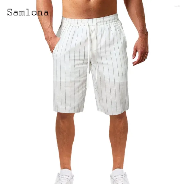 Shorts masculinos 2024 homens moda lazer de lazer retro listrado linho de linho de joelho de joelho plus size mensagens casuais casuais calças de moletom