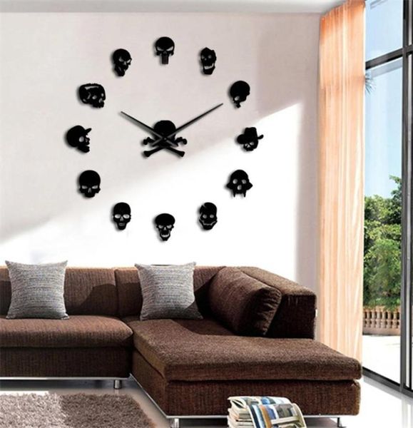 Schädel rahmenlose diy große morden wanduhr da parete quartz Uhr Innenraum 3d Mirror Uhren Wohnzimmer Wohnzimmer Wandklok Y201345618