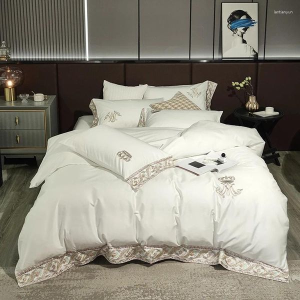 Set di biancheria da letto ricamo a corona chic di lusso da 4 pc set 1000tc trapunta di cotone egiziano/coperchio piumone cotto bianche