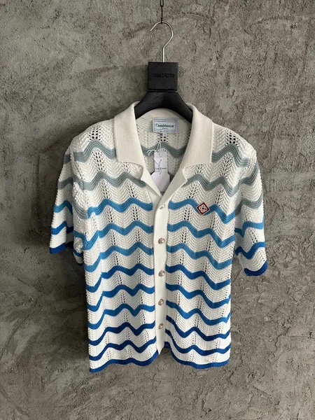 Polo da maglieria maschile unisex luxurys Casablanca camicia da mare a onde di mare Stripes caviglie a maglietta casual maglieria sciolta a maniche corte per strada abbigliamento di alta qualità