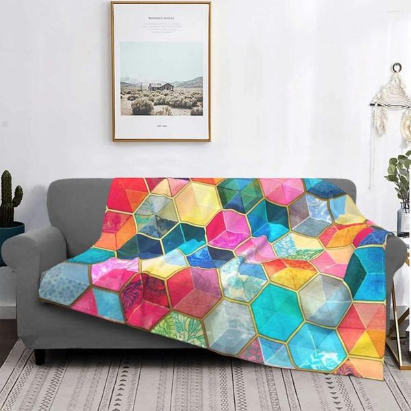 Decken Bohemian Boho Geometrische Decke Bunte Wabenwürfel Plüsch warmer super weicher Flanell Fleece Wurf für Sofa -Bettspitze