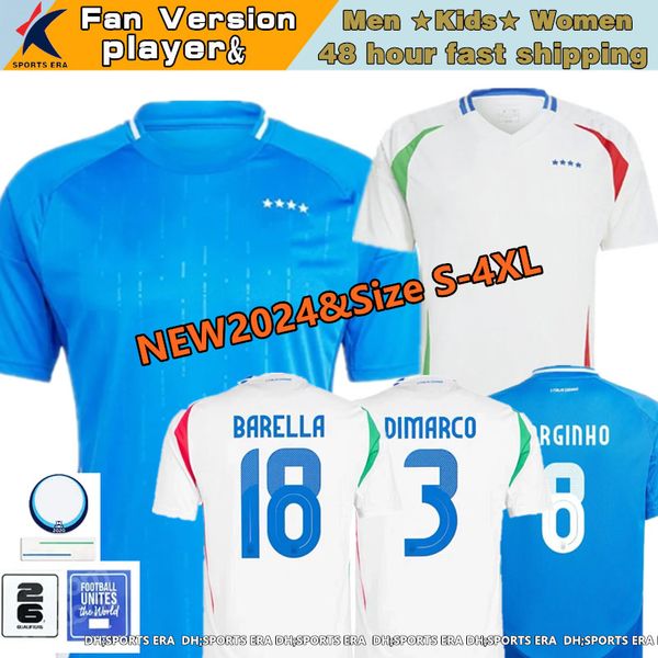 24 25 İtalya Futbol Jersey Maglia Italia 2024 Euro Kupa 2025 Milli Takım Jorginho Chiesa Barella Futbol Gömülü İtalyan Hayranlar Oyuncu Çocuk Kiti Tam Set Boyut S-4XL