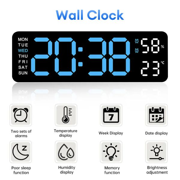 Große digitale Wanduhr Temperatur Datum Woche Display Timer Auto-Dimming-Tischuhr 12/24 Stunden Wandmontierte LED-Uhren LED-Uhren