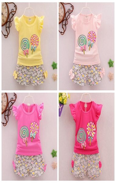 Roupas de meninas para bebês Lollipop Impresso Kids Tops Tops florais 2PCs Conjuntos de roupas de meninas doces