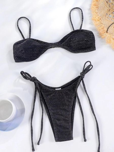 Frauen Badebekleidung String Schwarz glänzender Badeanzug mit Krawatten 2024 Bikini Sexy Frauen Badeanzug Brasilianer Solid Color Beachwege