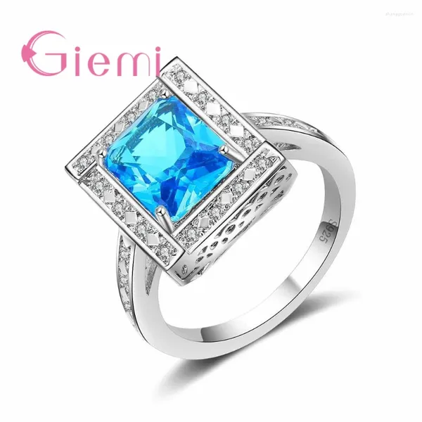 Кластерные кольца Оптовые очаровательные роскошные океанские голубые квадрат хрустальный каменный кольцо Свадьба 925 стерлинговое серебро 925