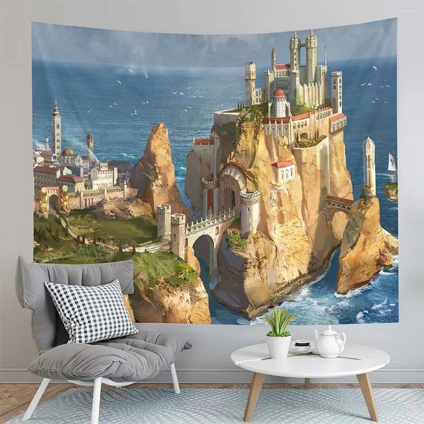 Taquestres Fantasy Cartoon Castelo Tapestry Seaside Reef Land and Ocean Living Room Domor Decoração