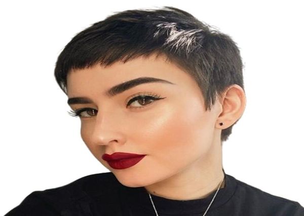 Pixie Cut Shot Chore Human Hair Phig для чернокожих женщин нет кружевных передних париков с африканцами Babyhair, бразильскими человеком, 4320310