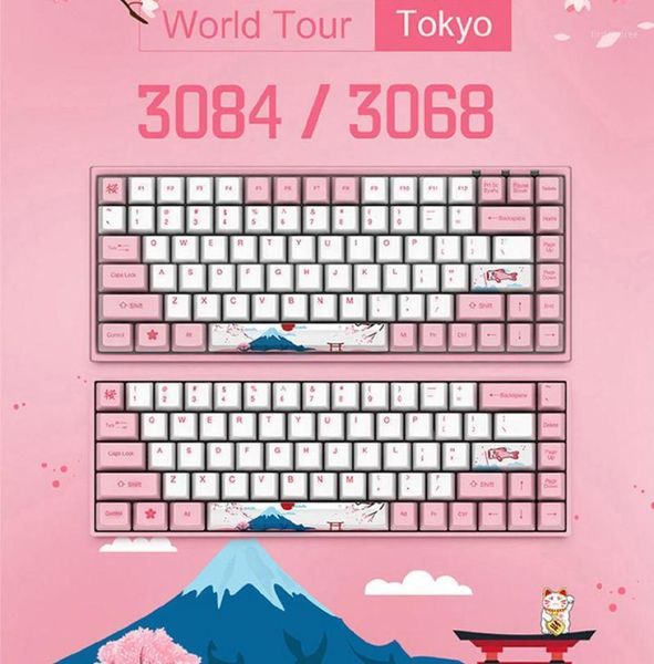 Teclados originais akko 30683084 teclado de jogos mecânicos sakura 6884 chaves pbt computador tipec rosa azul laranja switch14279023