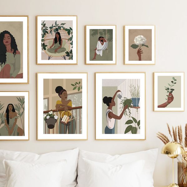 Abstract African Black Girl Swing Hand Flower Art Canvas dipinto di poster nordici e stampe immagini murali per decorazioni per soggiorno