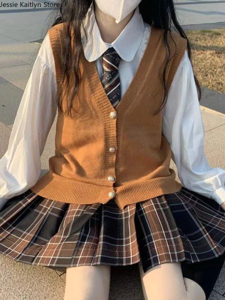 Mulheres uniformes coreanas da escola JK Mulheres inverno japonês Kawaii Cosplay uniforme casaco de tweed preto quente e coletes de colete de suéter