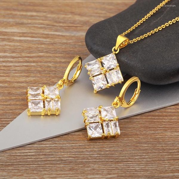 Halskette Ohrringe Set Nidin Shiny Square Zircone Anhänger und setzt Frauen Mädchen Engagement Jubiläum Accessoires Geschenke Großhandel