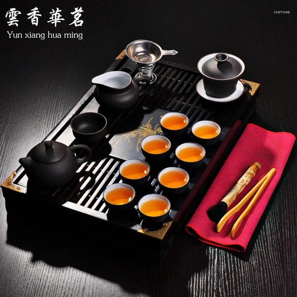 Tee -Sets Teaset Yixing Purpur Sand Teekanne Keramikkunst Massives Holzschale