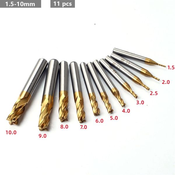 Set da taglieri di fresatura da 1,5-6,0 mm 7 pcs/11pcs 4 flauti in acciaio ad alta velocità Mulino CNC in acciaio ad alta velocità per utensili da taglio in metallo in legno