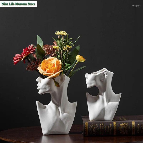 Vasen Seitengesicht Porträt Blume Vase Keramik Crafts Home Decor Nordic Innenverfeinerungstisch getrocknete Blumen Platzierung Schießrequisiten