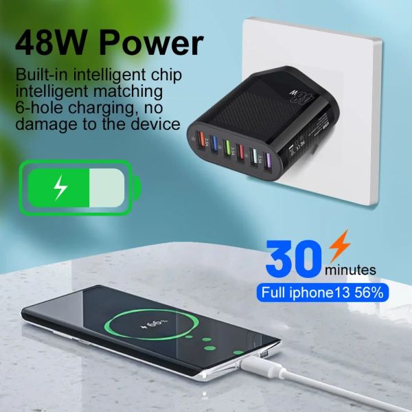 Caricatore a parete USB 48W a 6 porte a blocchi di ricarica rapida Plug compatibile per iPhone Android Tablet Ph Telefono cellulare