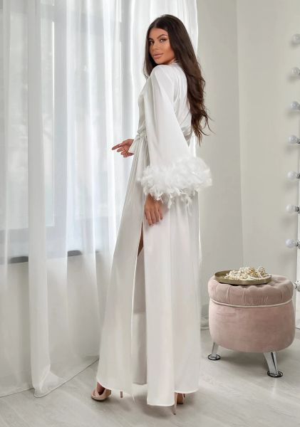 Weiße Boudoir Lange Seidenrobe Brautfeder für Hochzeitstag Boho Langes Satin Braut Spitzen -Dressing Brautjungfer Geschenke Kimono