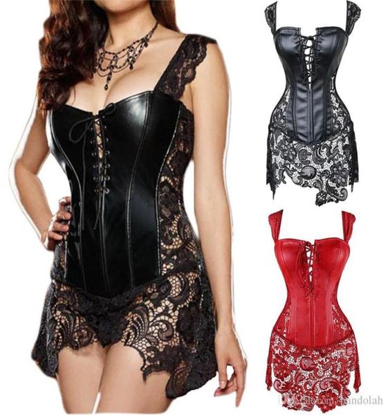 2017 Women Fux Leather Burlesque Burlesque Plus size Corset Abito in pizzo Venice in pizzo Overbusto abbigliamento a vapore di buona qualità 6080926