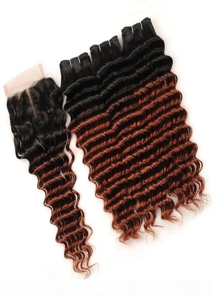 1b 33 escuro auburn ombre indiano onda profunda trama de cabelo humano com fechamento 3bundles ombre marrom avermelhado com 4x4 renda frontal cl2201558