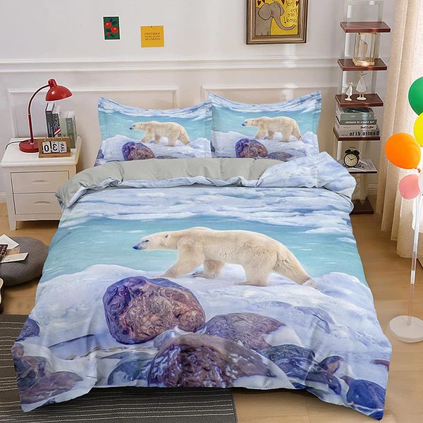 Capa de edredão de urso polar Conjunto do rei Queen Campa de edredom de poliéster em tamanho grande para crianças meninos meninas animais selvagens Pattern Bedding Conjunto