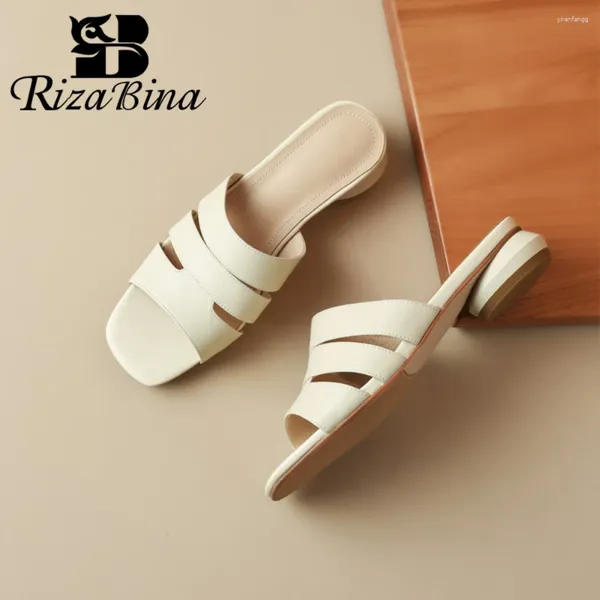 Sandálias rizabina couro genuíno bombas femininas quadradas de dedão de calcanhar estranho Fashion Fashion Chic Comfort Slip em chinelos elegantes tamanho 34-40