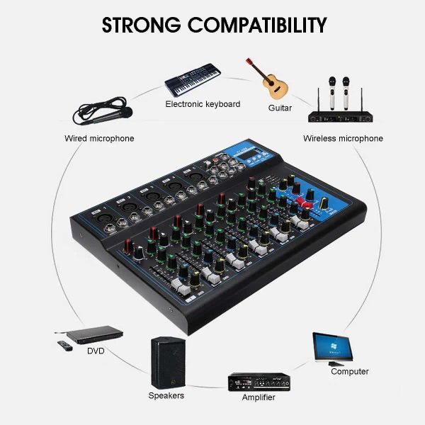 Spieler Bluetooth tragbarer Audio -Mixer mit USB DJ Sound Mixing -Konsole MP3 Jack 7 Kanal Karaoke 48V Verstärker Karaoke KTV Match Party