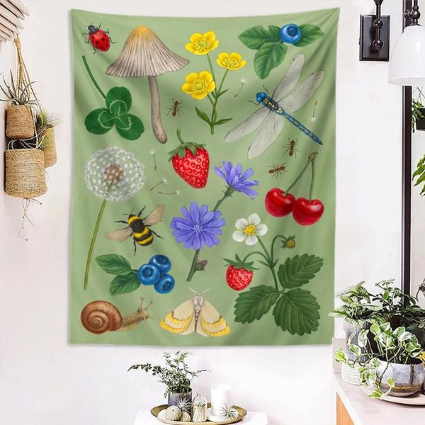 Taquestres de cogumelo Butterfly Tapestry parede pendurada em flor botânica Fruta Kawaii Decor Boho Home Pano