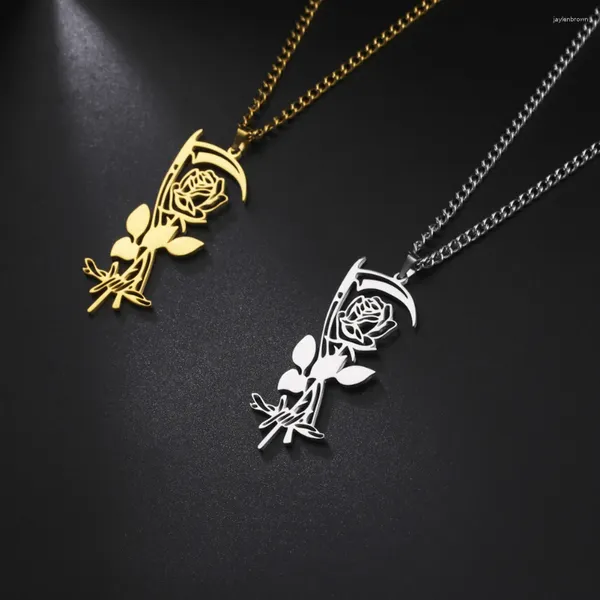 Anhänger Halskette Vinatge Gothic Halskette für Frauen Männer Rose Sichel Skelett Edelstahl Punk Choker Schmuck Geschenke