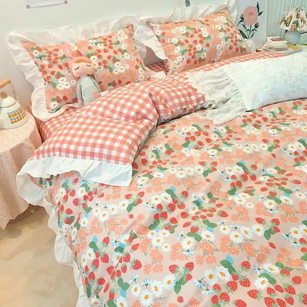 Conjuntos de roupas de cama 2024 Algodão Impresso 4pcs Capa de colcha Campa de cama travesseiro de lençol fofo Princesa quarto decoração doméstica