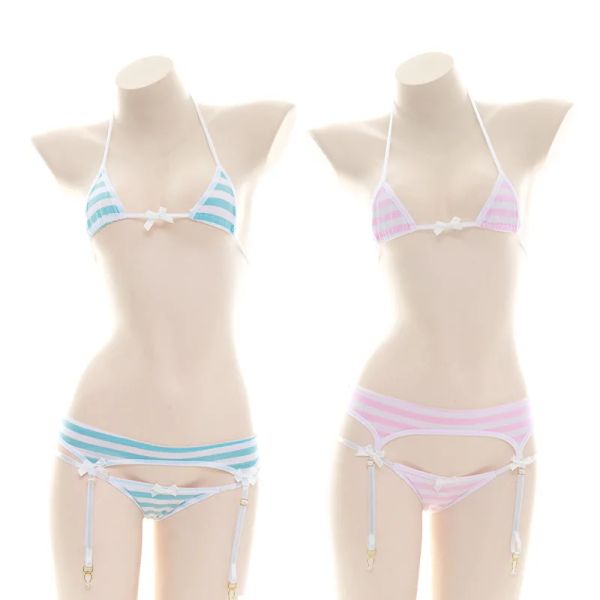 Sexy japanische Student süße Striped Unterwäsche Set Dessous Beach Bikini Dreipunkt Bow BH Set Erotikkostüme Kostüme