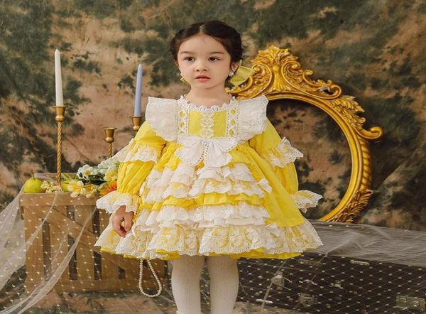 Girl039s Kleider 2021 Baby Mädchen Lolita Kleid Vintage Spanische Kinder gelbe Kleider Kinder Prinzessin Ballkleid Spitzen Kleid Mädchen Pa1646133
