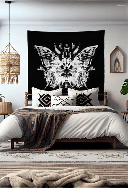 Taquestres Butterfly Inkblot Tapestry Parede pendurada na meditação preta e branca Grunge Hippie