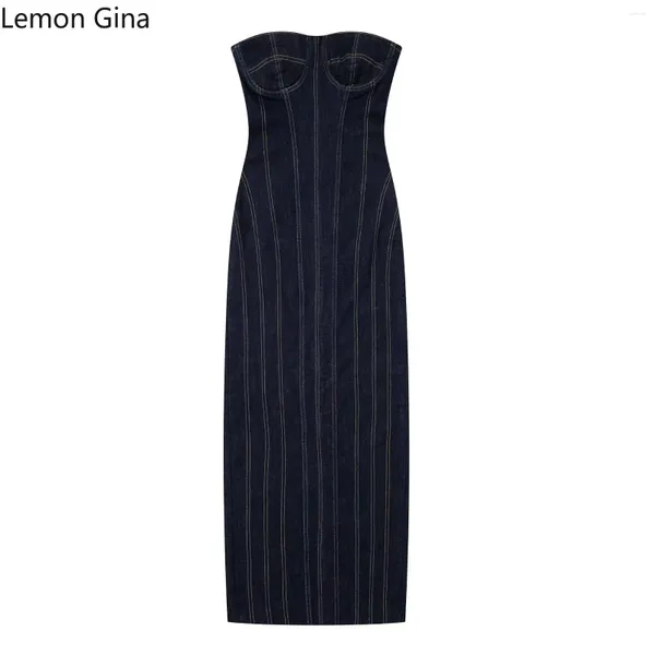 Повседневные платья Lemon Gina 2024 Spring Fashion Женщины без бретелек голубая джинсовая джинсовая ткань Midi Midi Maxi Long Street Retro Sexy Party Club платье