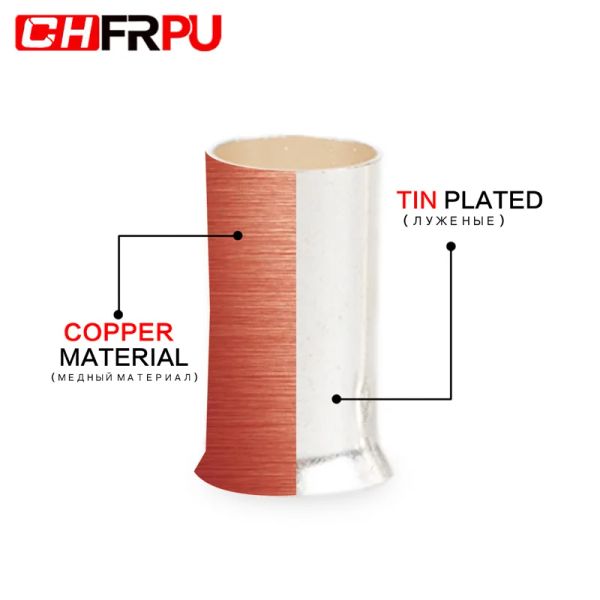 100pcs 0,5 mm²-16mm² 22-10 AWG Conector de fio não isolado Ferrules terminal de cobre de cobre de cobre de cobre nuclear