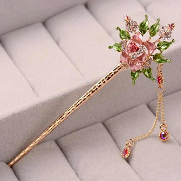 Luxury Chinese Hair Sticks for Women Flower Crystal Golden Hairspin Forks Nuovi gioielli per coprica