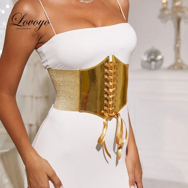 Roupas góticas góticas Underbust Corset Women Belts Elastic Wide Deather Bright Golden Corsets para cintura Trentor 240326