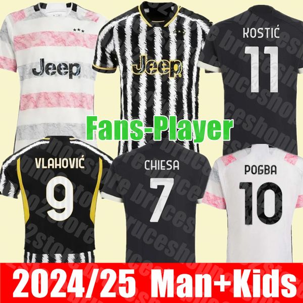 Yeni 2024 2025 Ev Away Hayranlar Oyuncu Futbol Formaları Juventus Milen Di Maria Vlahovic Kean Pogba Chiesa McKennie Locatelli Top Formalar Kitleri Erkek ve Çocuk Untifor Juves