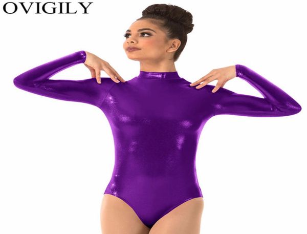 Ovigily Purple Adults Learta de manga longa para ginástica Mulheres Spandex Metálico Turtleneck dança Leotards Red Ballet Bodysuits7421344