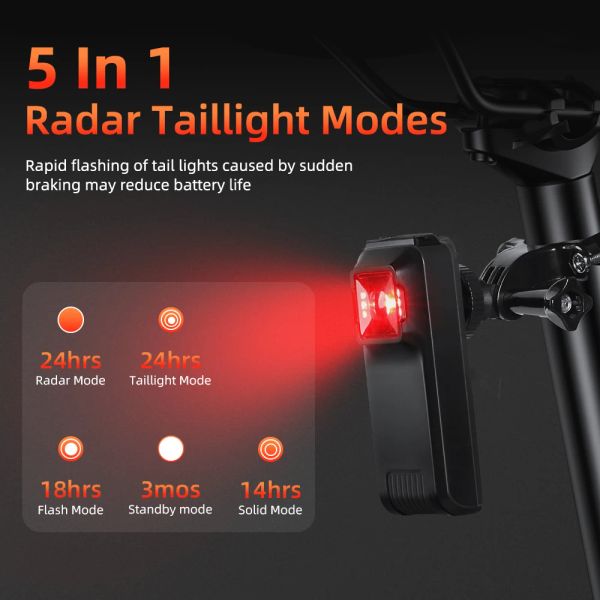 Elecpow Fahrrad intelligentes Radar -Radriegel -Fahrrad sicherer Rücklampenblindspot IPX6 Waterfamose Bremsempfindung Lampe 4 Beleuchtungsmod