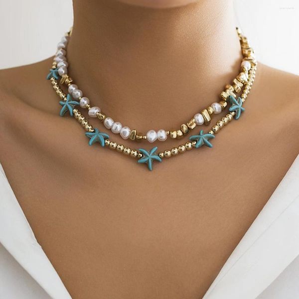 Choker Kleine CCB und Imitation Perlenperlenkette mit Seesternkette für Frauen trendy Boho Perlen Kurzkragen am Hals weiblich