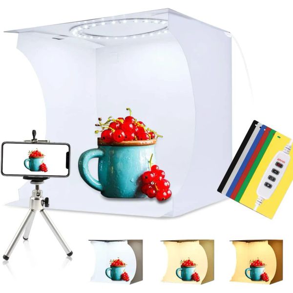 Studio Puluz Mini Photo Studio Box, Ring LED Photography Lightbox, Kit de caixa de arremessos de fotos de fotos 6 cores cenários, kit de caixa de luz PhotoBox