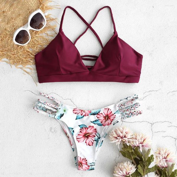 Costumi da bagno femminile wwomen set di bikini senza schienale tagliati a fiore incrociato a due pezzi push ups abbigliamento da bagno separato per donne