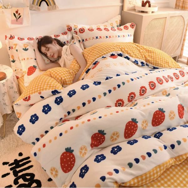 4 itens;Impressões fofas;Socha de bebê de inverno lençóis de cama de colcha de travesseiros de inverno Cama de primavera Capas de colcha de pelúcia de pelúcia com pi Pi