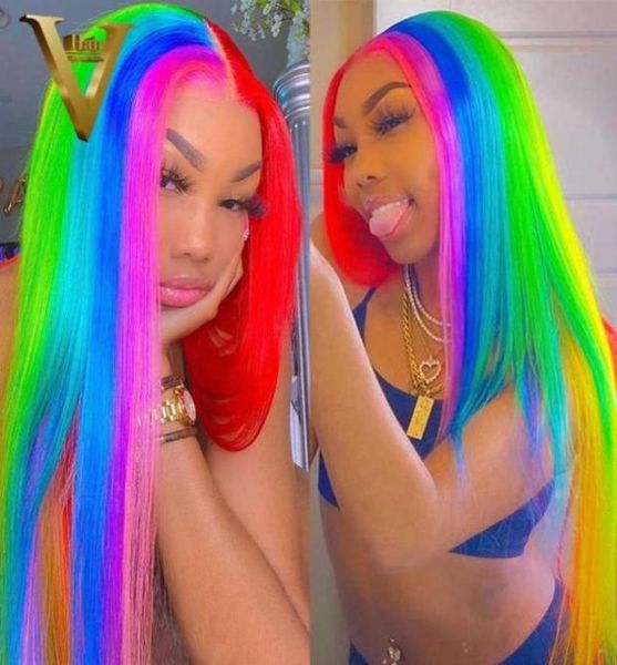 Perucas de renda azul roxo verde vermelho arco -íris cabelos humanos para mulheres Remy brasileiro peruca frontal reta Preparada 38062905403565