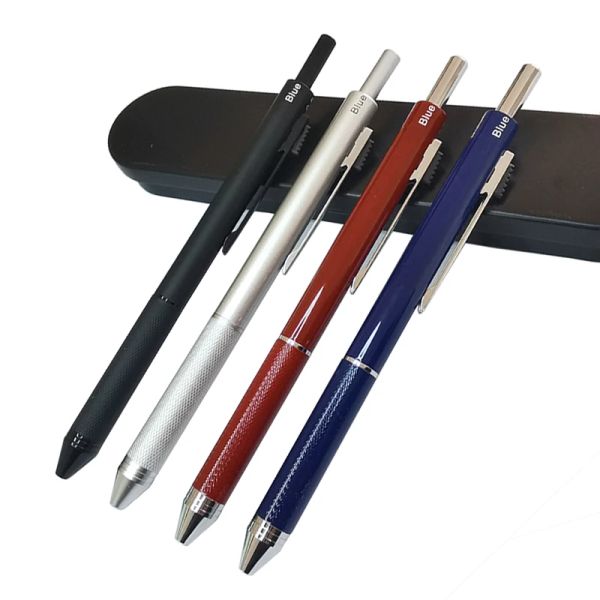 4 in1 Çok renkli tükenmez kalem yerçekimi algılayan 3 renkli kalem ve mekanik kalem kurşun siyah gümüş kırmızı mavi metal kalem kırtasiye