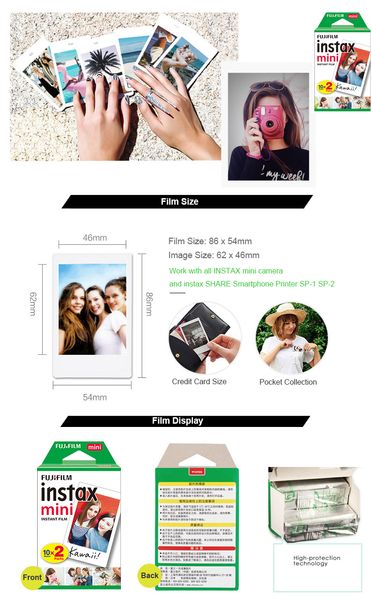 20 folhas Fujifilm Instax Mini White Film e 10pcs Magnet Magnet Photo Frames para Instax mini 12 11 9 8 70 7S 90 SP-2